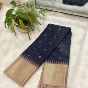 Semi kanchipuram silk saree - midnight blue and light blush pink