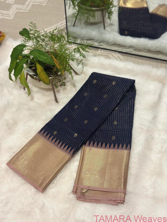 Semi kanchipuram silk saree - midnight blue and light blush pink