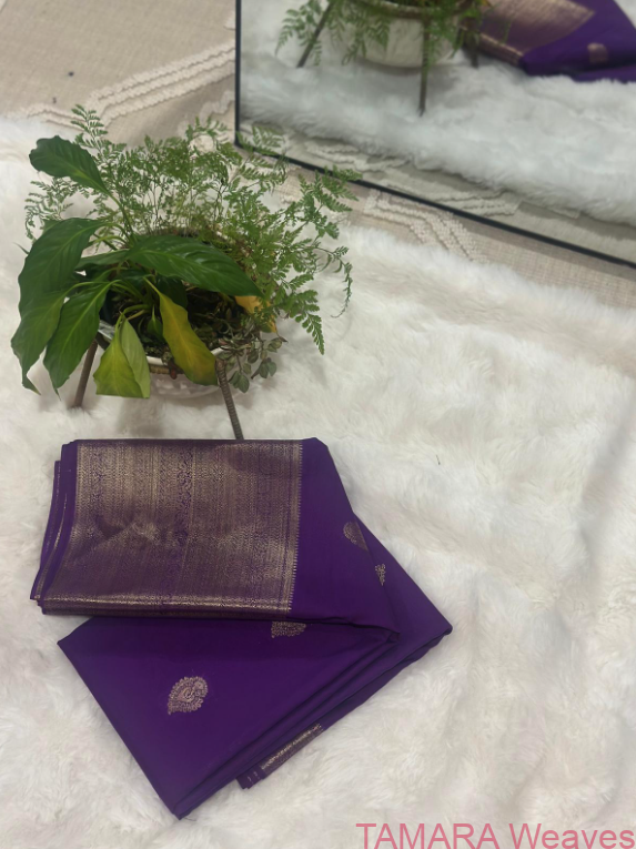 Semi kanchipuram silk saree - beautiful trending violet colour with antique gold zari and buttas all over