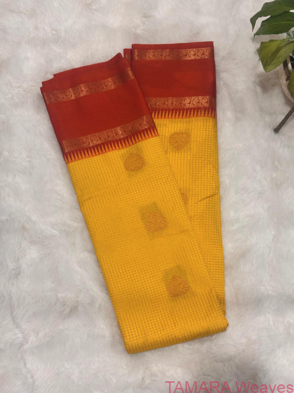 Semi kanchipuram silk saree - turmeric yellow and sunset orange