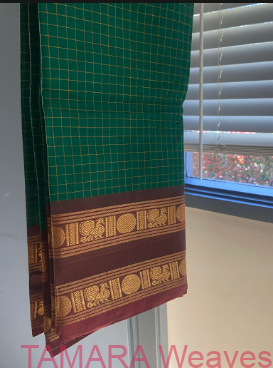 Forest green With Maroon Kanchi Cotton Saree - with checks all over the body