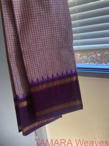 Violet gap border (featuring rudraksha border) Kanchi Cotton Saree - with checks all over the body - Image 3