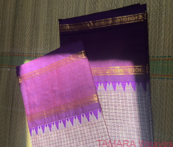 Violet gap border (featuring rudraksha border) Kanchi Cotton Saree - with checks all over the body