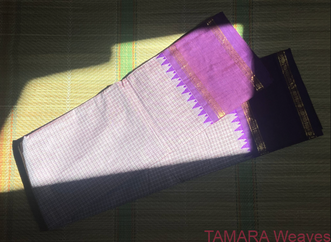 Violet gap border (featuring rudraksha border) Kanchi Cotton Saree - with checks all over the body - Image 2