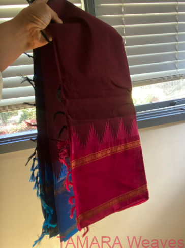 Coffee Brown Kanchi Cotton Saree - temple border, ganga jamuna border - pink and blue - Image 2