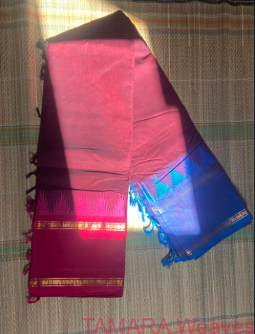 Coffee Brown Kanchi Cotton Saree - temple border, ganga jamuna border - pink and blue