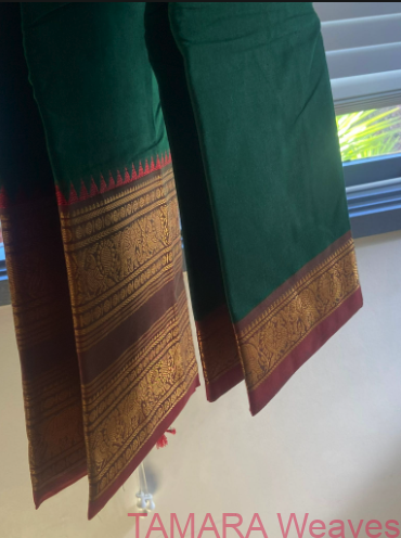 Bottle green With Red Kanchi Cotton Saree - Image 2