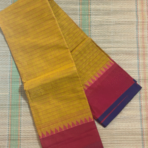 Yellow checks Kanchi Cotton Saree - non zari border - temples across the border