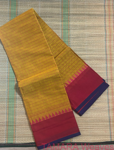 Yellow checks Kanchi Cotton Saree - non zari border - temples across the border