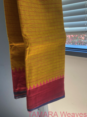 Yellow checks Kanchi Cotton Saree - non zari border - temples across the border - Image 2