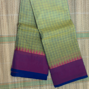 Light green checks Kanchi Cotton Saree - non zari border - temples across the border