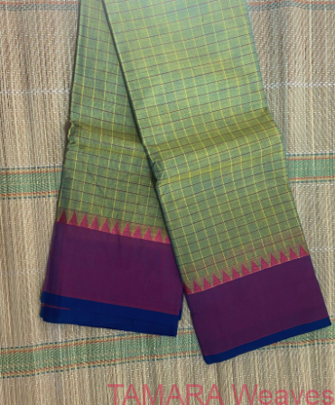 Light green checks Kanchi Cotton Saree - non zari border - temples across the border