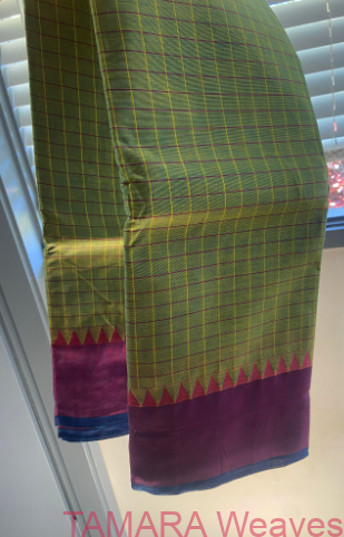 Light green checks Kanchi Cotton Saree - non zari border - temples across the border - Image 2