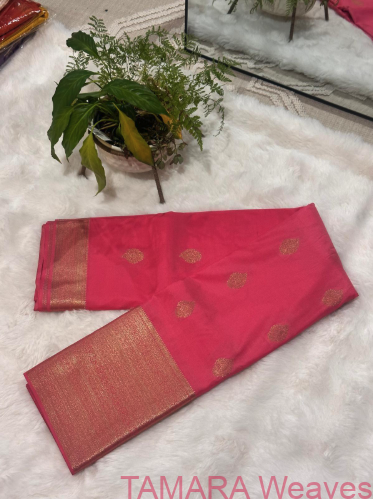 Semi kanchipuram silk saree - beautiful trending pink colour with antique gold zari and buttas all over