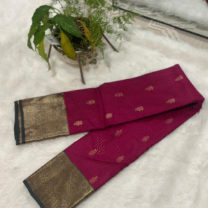 Semi kanchipuram silk saree - magenta with olive green zari border and buttas all over