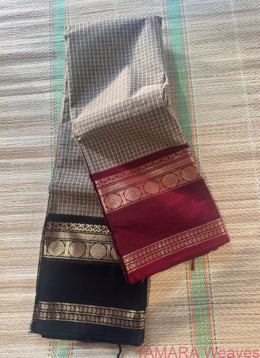 Grey Kanchi Cotton Ganga Jamuna Border - Maroon and black borders, checks all over body