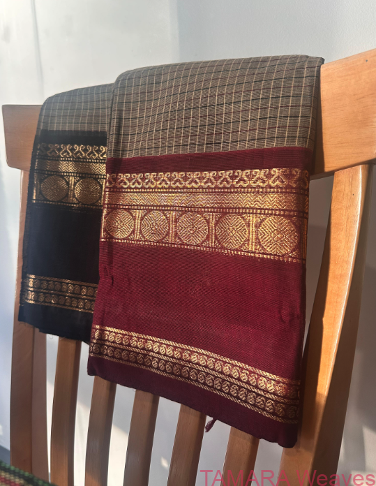 Grey Kanchi Cotton Ganga Jamuna Border - Maroon and black borders, checks all over body - Image 2