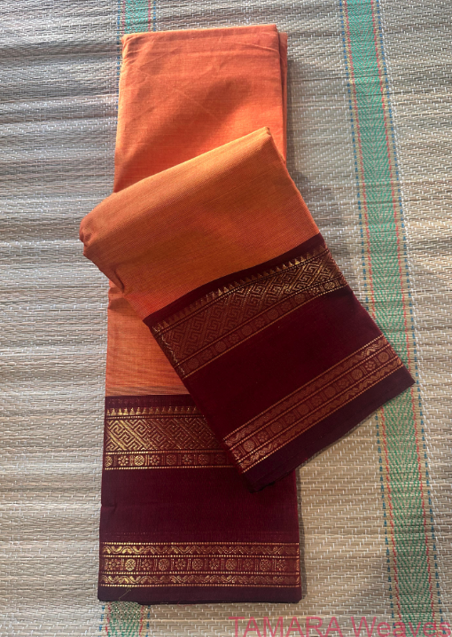 Orange and Maroon gap border Kanchi Cotton Saree - Image 2