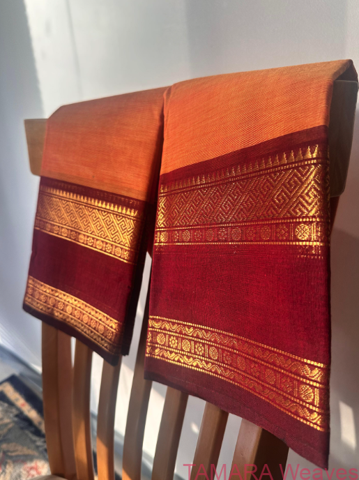 Orange and Maroon gap border Kanchi Cotton Saree