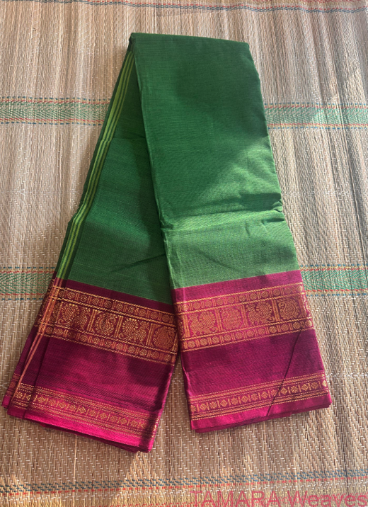 Parrot green and Pink gap border Kanchi Cotton Saree - Image 2