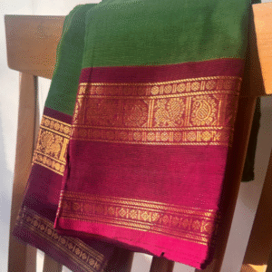 Parrot green and Pink gap border Kanchi Cotton Saree