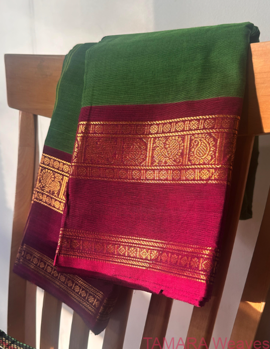 Parrot green and Pink gap border Kanchi Cotton Saree