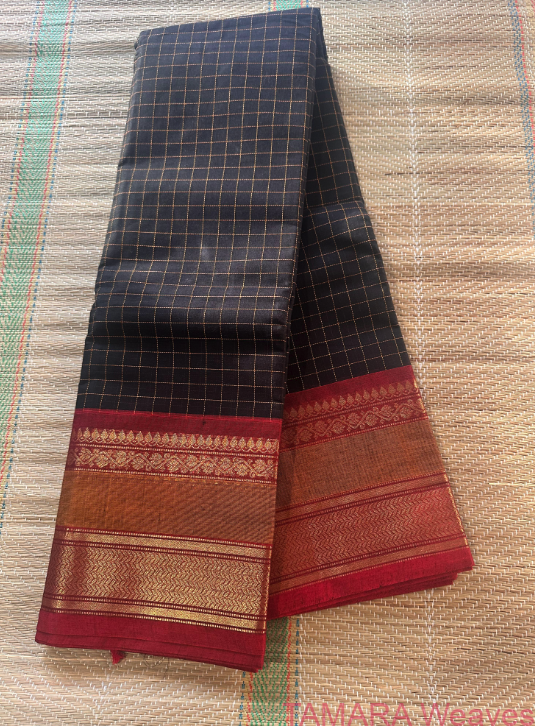 Black With Red & mustard yellown Kanchi Cotton Saree - Image 2