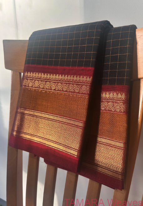 Black With Red & mustard yellown Kanchi Cotton Saree