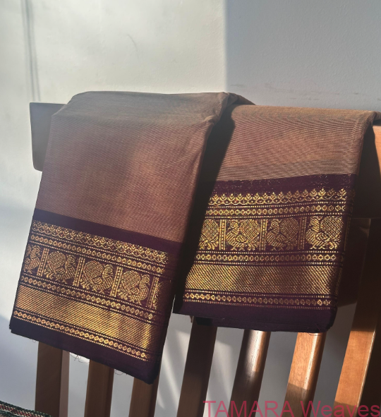 Peach with wine border (purple or orangish shade) kanchi cotton saree - Image 2