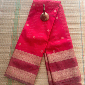 Semi kanchipuram silk saree - pink with brown gap border - antique gold zari
