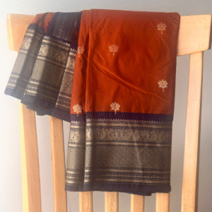 Semi kanchipuram silk saree - rust orange and navy blue - antique gold zari