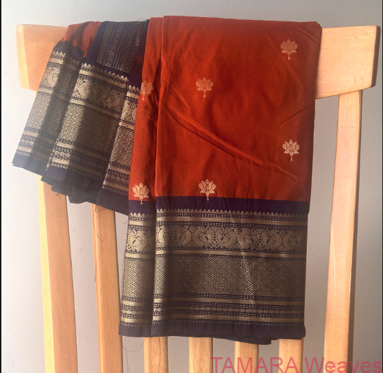 Semi kanchipuram silk saree - rust orange and navy blue - antique gold zari