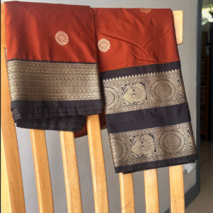 Semi kanchipuram silk saree - rust orange and black - antique gold zari