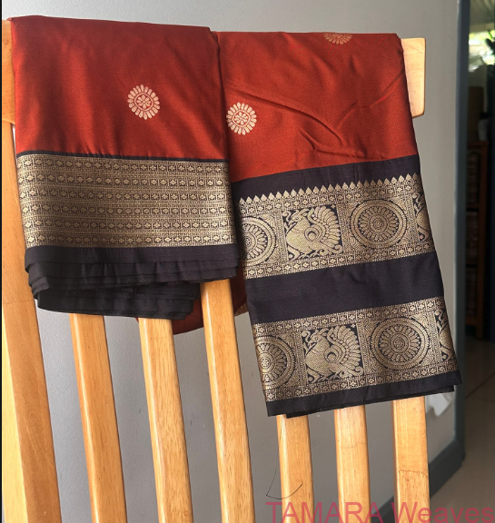 Semi kanchipuram silk saree - rust orange and black - antique gold zari