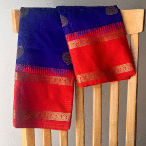 Semi kanchipuram silk saree - Royal blue and sunset orange - beautiful drape