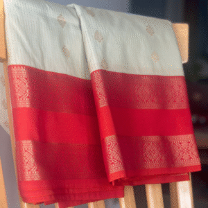 Semi kanchipuram silk saree - Light sage green with orange gap border - antique gold zari weaving, vairai osi lines all over