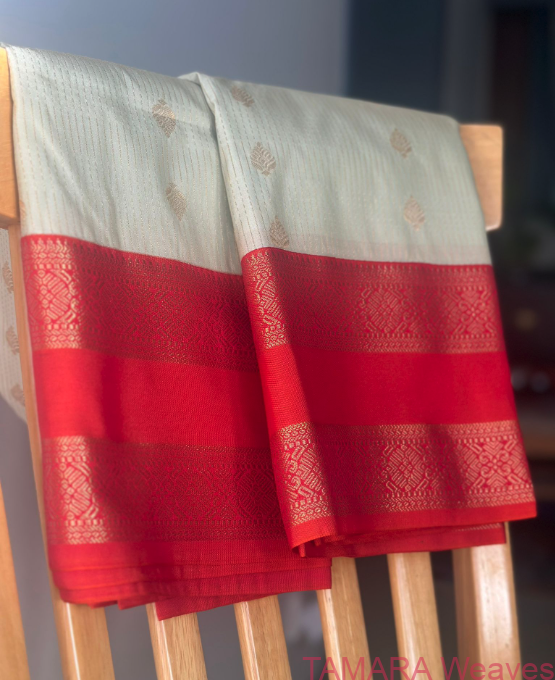 Semi kanchipuram silk saree - Light sage green with orange gap border - antique gold zari weaving, vairai osi lines all over