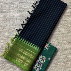 Black With light green Kanchi Cotton Saree - with stripes all over the body