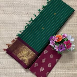Bottle green With Maroon Kanchi Cotton Saree - with stripes all over the body