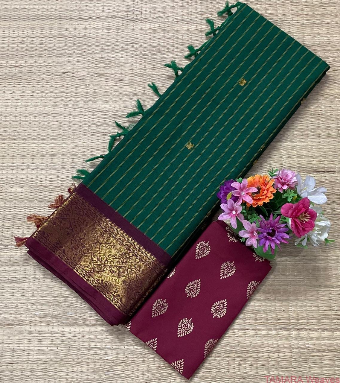 Bottle green With Maroon Kanchi Cotton Saree - with stripes all over the body