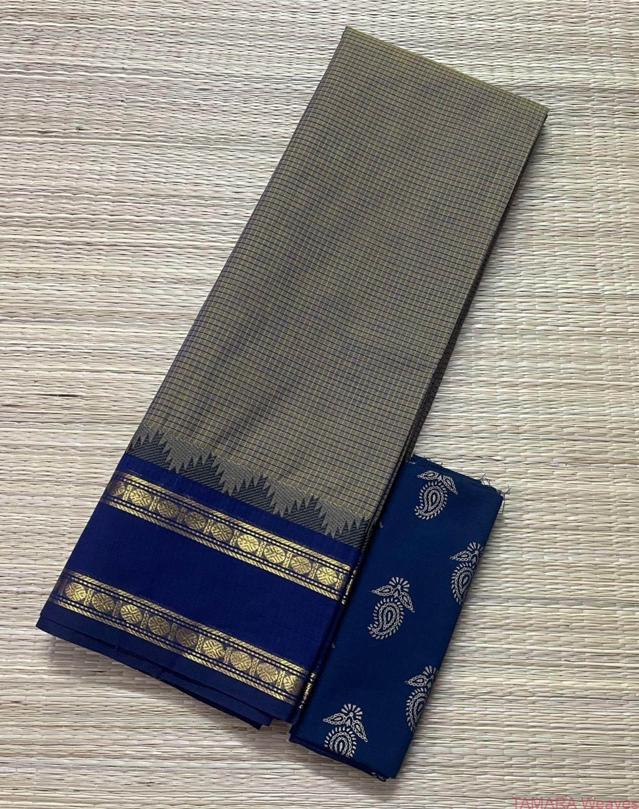 Grey with Navy blue border Kanchi cotton saree