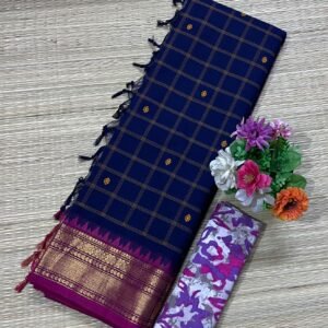 Dark navy blue with rani pink traditional kanchi border - checks and buttas all over the body