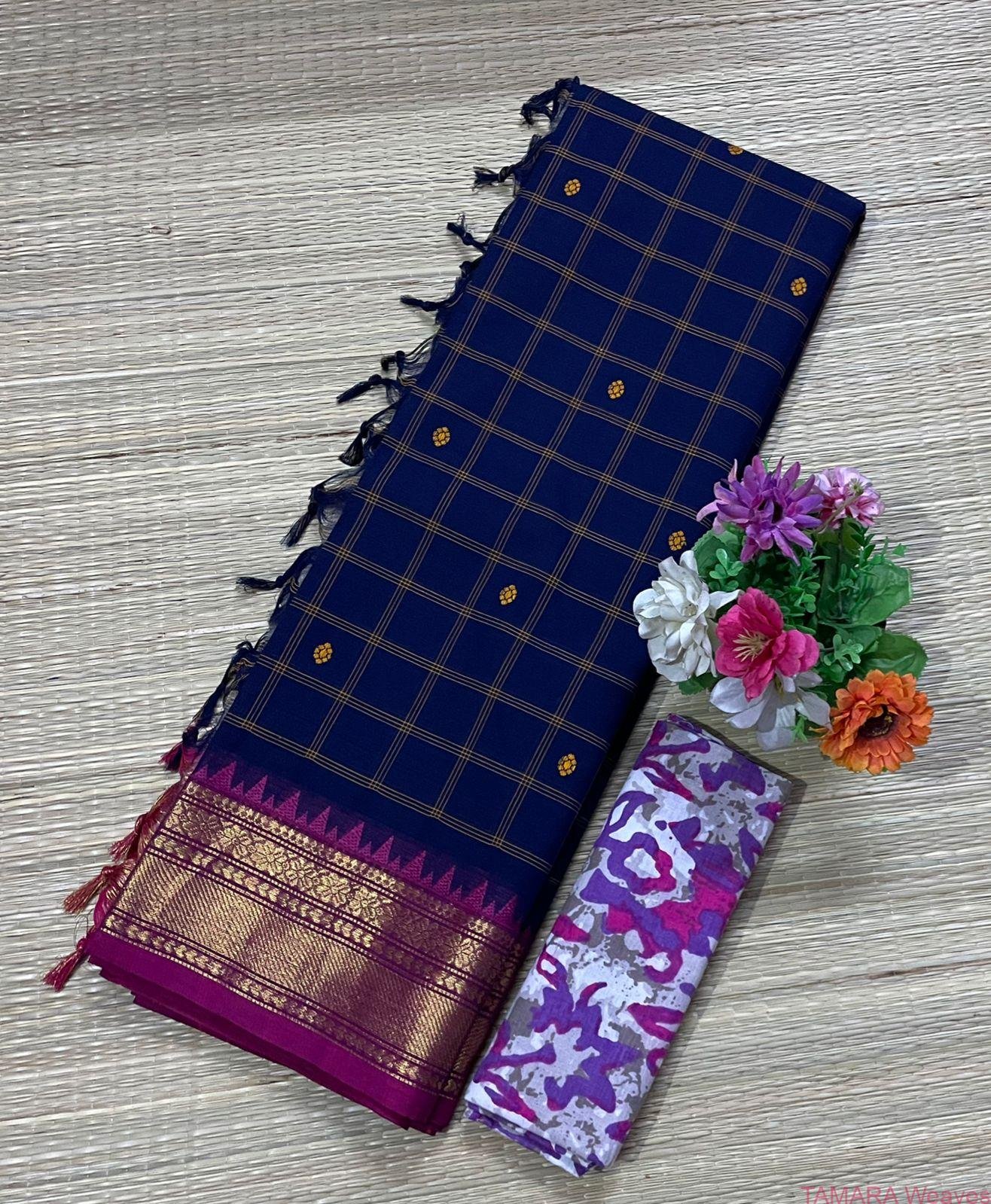 Dark navy blue with rani pink traditional kanchi border - checks and buttas all over the body