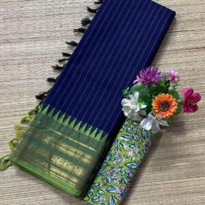 Navy blue With light green Kanchi Cotton Saree - with stripes all over the body