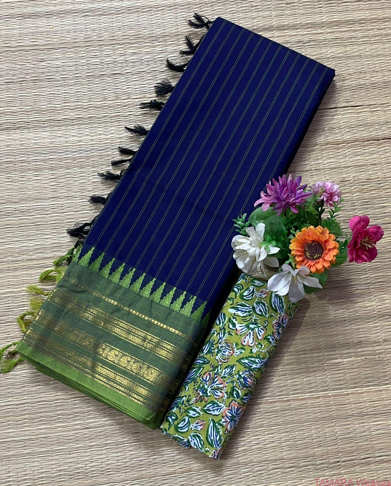 Navy blue With light green Kanchi Cotton Saree - with stripes all over the body