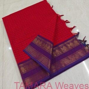 Rani pink With Violet Kanchi Cotton Saree - with checks and buttas all over the body