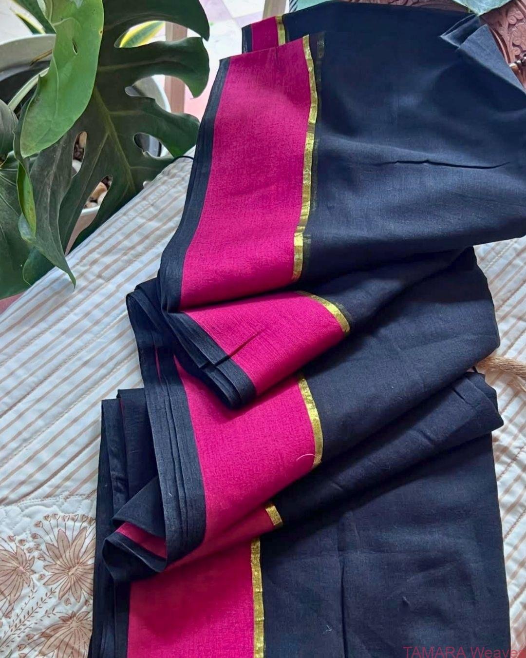 Classic Black and hot pink mul mul cotton saree with zari line border - Image 3