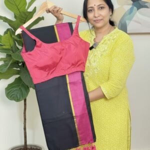 Classic Black and hot pink mul mul cotton saree with zari line border