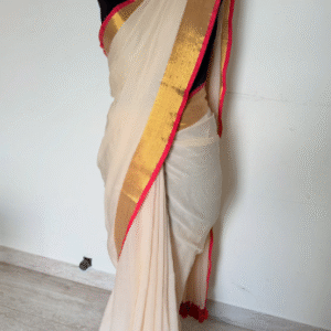 Gorgeous DD inspired beige and red kasavu mul cotton sari (Zari border)