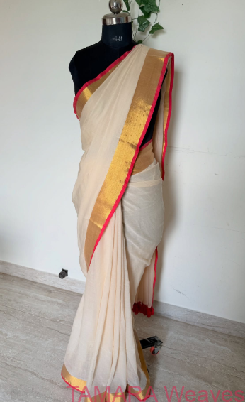 Gorgeous DD inspired beige and red kasavu mul cotton sari (Zari border)